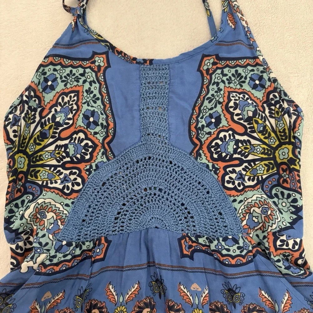 Roxy Crochet Halter Mini‎ Dress Size XS Blue Multi Beachy Boho Summer Pockets